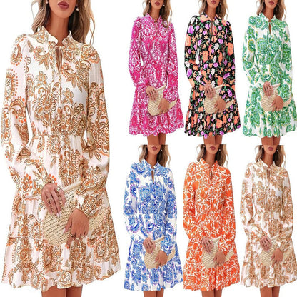 Elegant V-neck Flower Lace-up Long Sleeve Dress