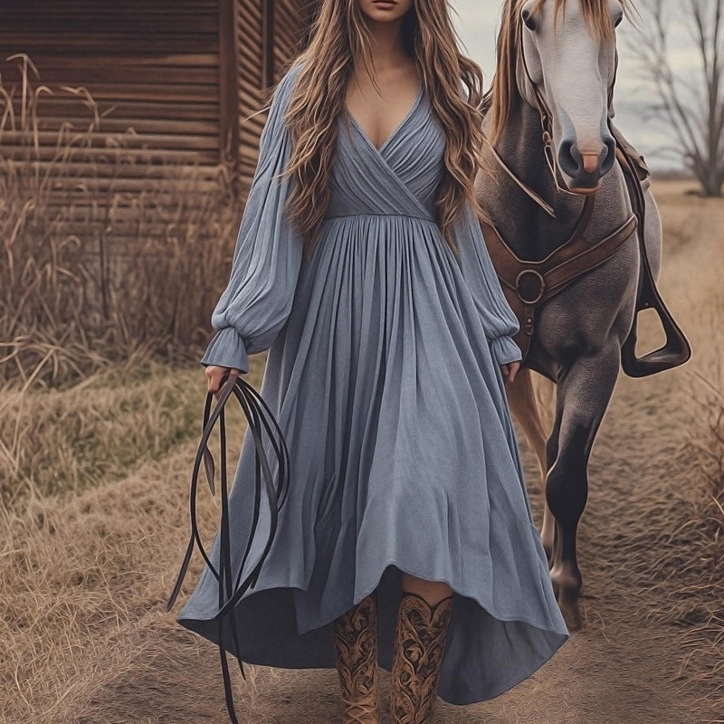 Retro Solid Color High Waist Long Sleeves Cotton And Linen Dress