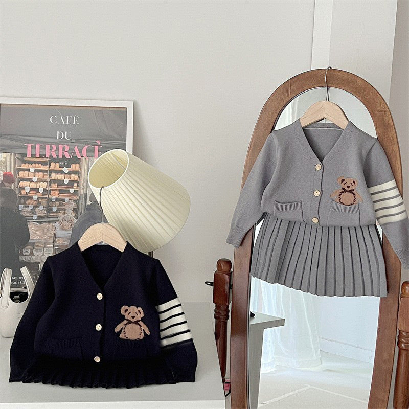 Children's College Popular Cardigan Skirt Two-piece Set Bear