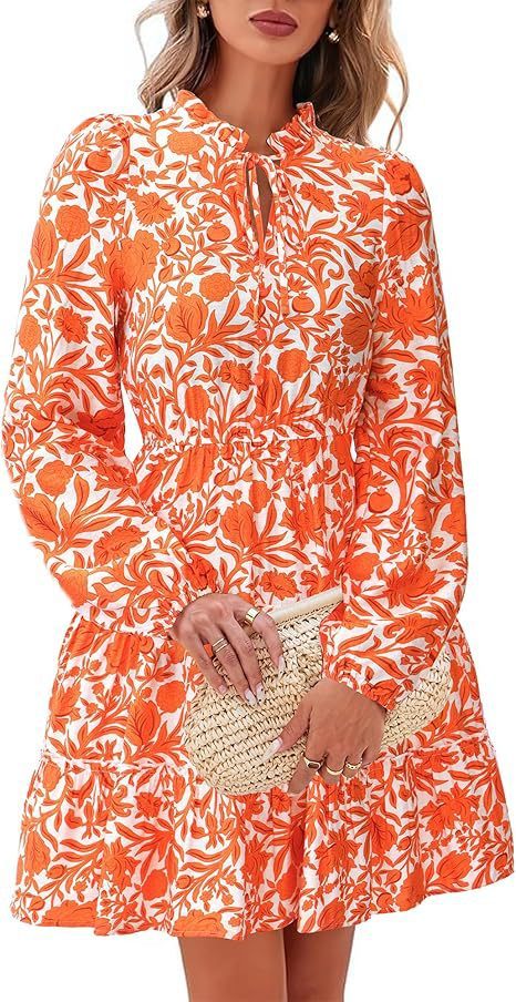 Elegant V-neck Flower Lace-up Long Sleeve Dress