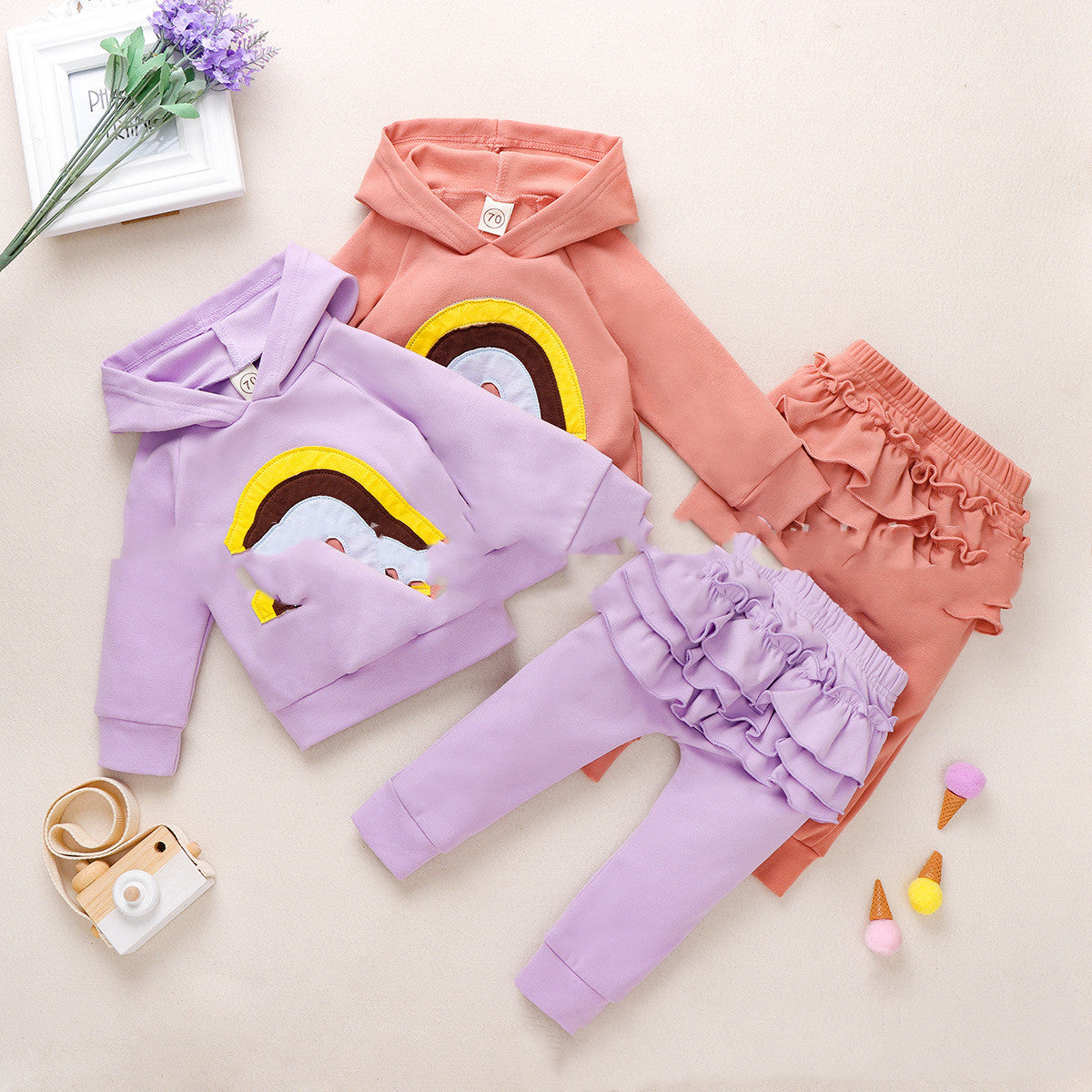 Wool Pull Frame Embroidered Rainbow Two-piece Set