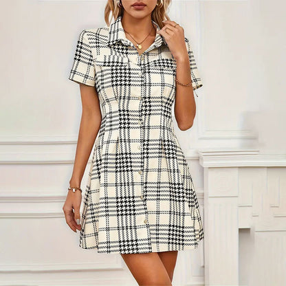 Fashionable Waist-trimming Houndstooth Short Women's Dress