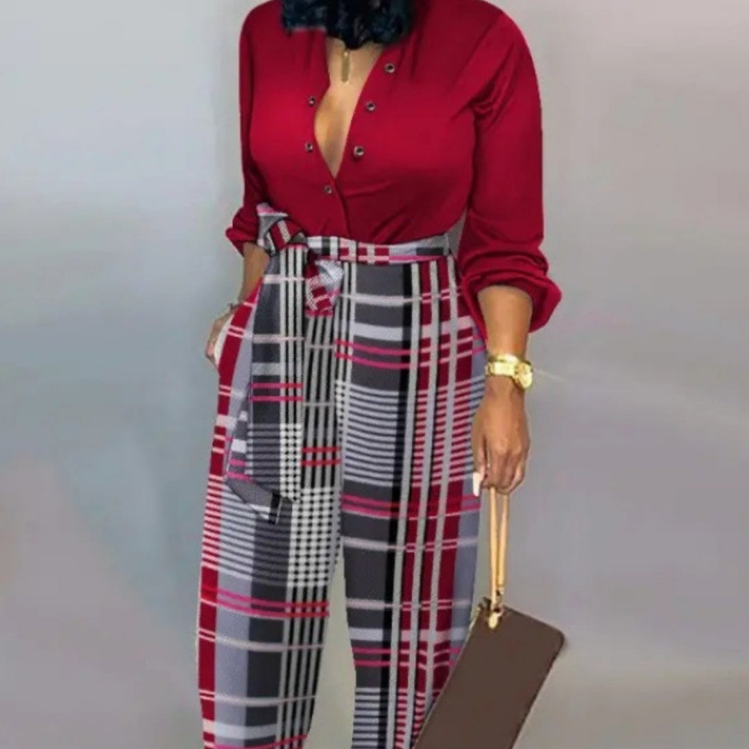 European And American Printed Button Loose Long Sleeve Tied High Waist Casual Straight-leg Jumpsuit