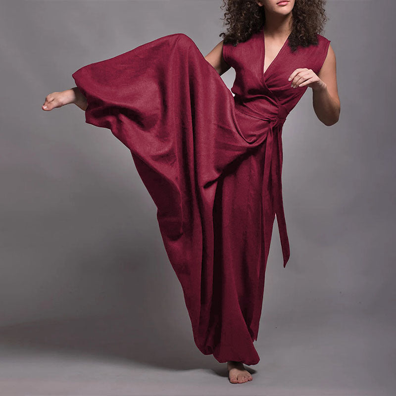 Summer V-neck Wide Leg Solid Color Straight Jumpsuit For Women