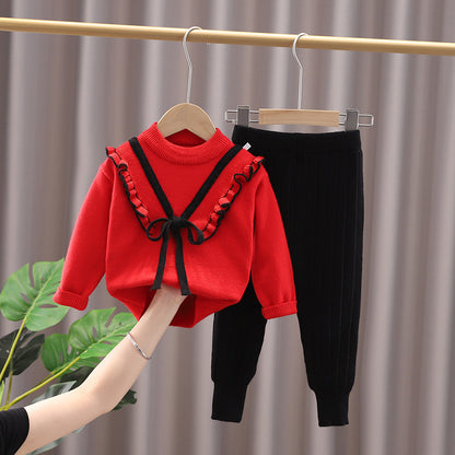 Girls Ruffled Suit Sweater Autumn And Winter Pullover Round Neck Children's Sweater