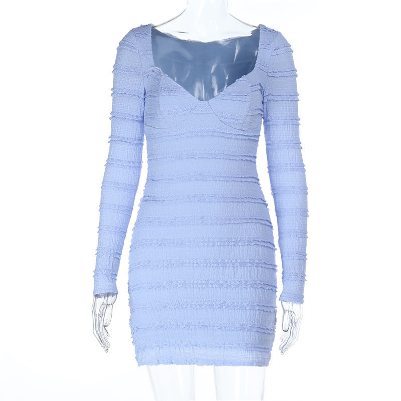 Retro Gentle Elegant V-neck Textured Diamond Collar Long Sleeve Dress