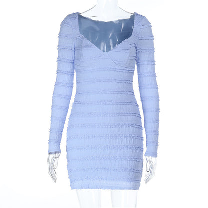 Retro Gentle Elegant V-neck Textured Diamond Collar Long Sleeve Dress