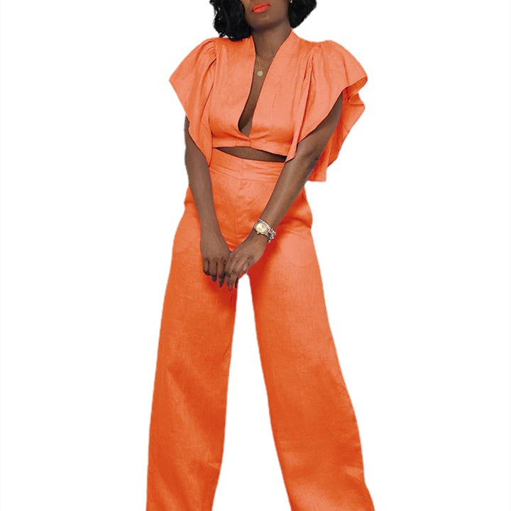 Women's Temperament Casual V-neck Linen Sleeve Pants Set