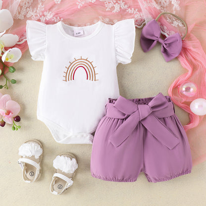 White Rainbow Embroidered Romper Shorts