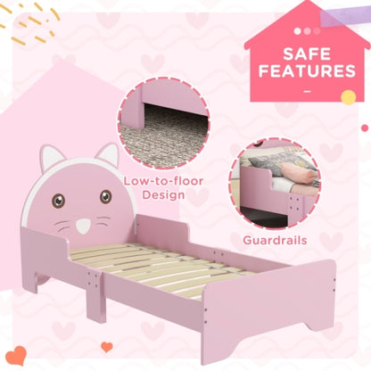 ZONEKIZ Bed For Kids Cat Design Toddler Bed Frame Bedroom Furniture With Guardrails, For 3-6 Years, 143L X 74W X 72Hcm - Pink