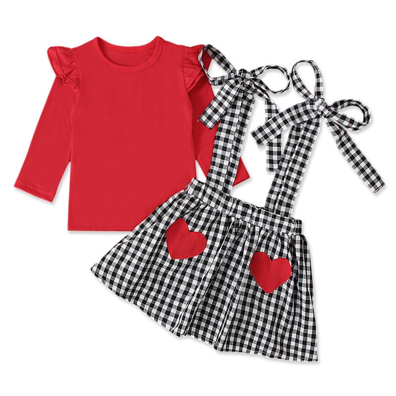 Girls' Long-sleeved Bow Suspender Skirt Suit