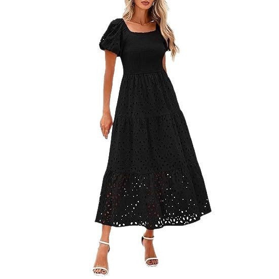 Square Collar Puff Sleeve Pleating Mesh Short Sleeve Dress