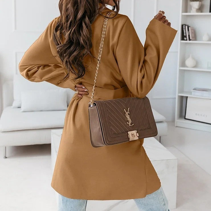 Autumn And Winter New Fashion Solid Color Long-sleeved Tied Tweed Jacket