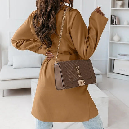 Autumn And Winter New Fashion Solid Color Long-sleeved Tied Tweed Jacket