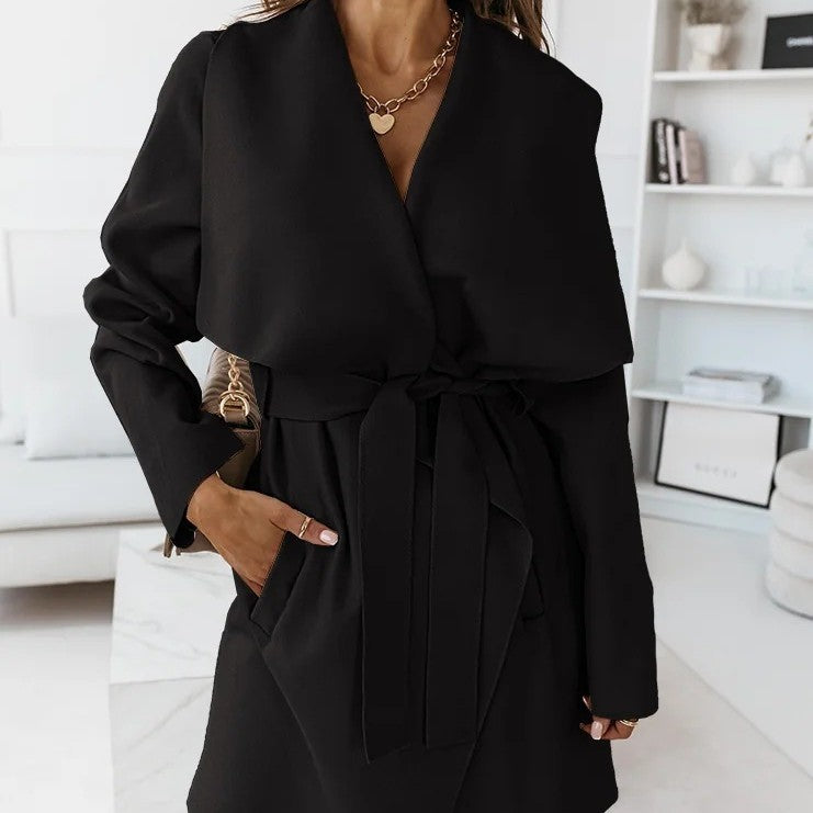 Autumn And Winter New Fashion Solid Color Long-sleeved Tied Tweed Jacket