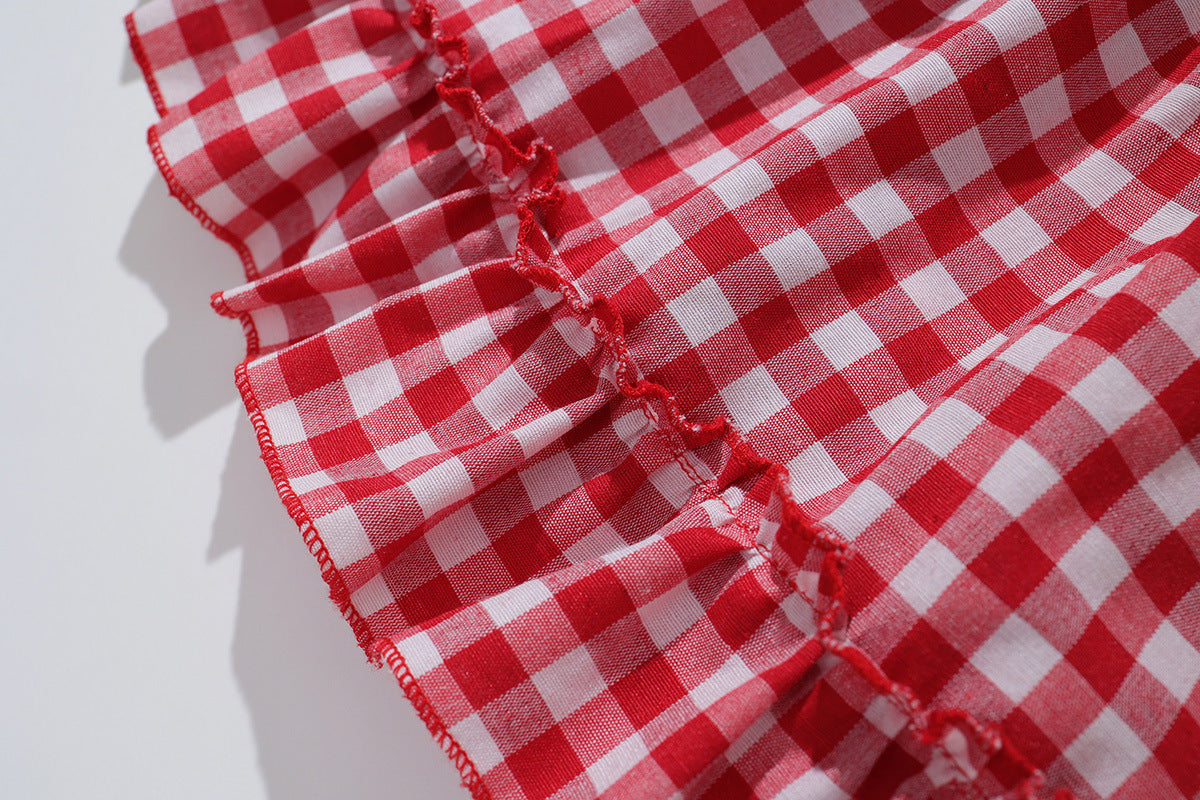 Girls' Red Plaid Bow Suspenders Princess Dress