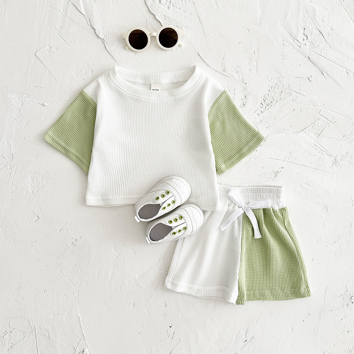 Waffle Stitching Short Sleeve Suit Korean Children Baby Two-piece Suit