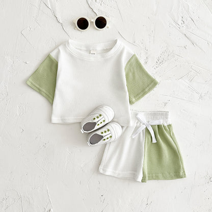 Waffle Stitching Short Sleeve Suit Korean Children Baby Two-piece Suit