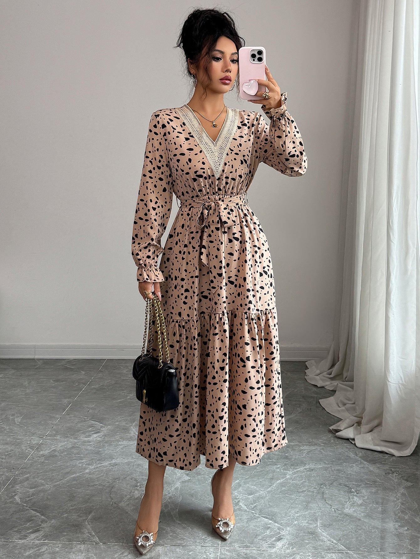 Elegant Polka-dot Self-tie Long Sleeve Dress For Women