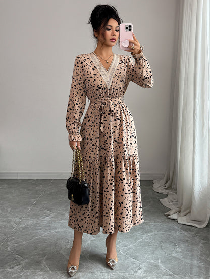 Elegant Polka-dot Self-tie Long Sleeve Dress For Women
