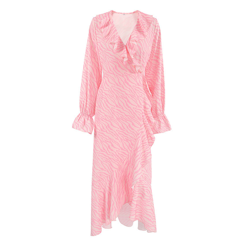 Elegant Ruffled V-neck Flared Sleeves Fishtail Dress