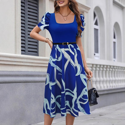 Commuting Knit Printed Stretch Square Neck Slim Short Sleeve Puff Sleeve Dress