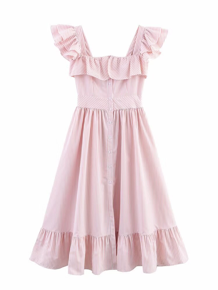 Women's Three-color Single-breasted Striped Ruffled Waist Dress