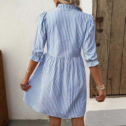 Puff Sleeve Stand Collar Striped Dress Summer