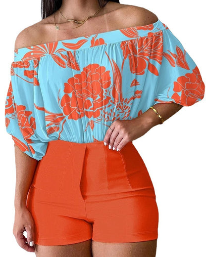 Women's Fashionable Elegant Floral Printed Top And Shorts Suit