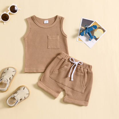 Children's Summer Korean Style Sleeveless Vest Waffle Solid Color Suit