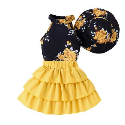 Printed Halter Top Cake Skirt With Hat Suit