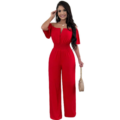 Women's Off-neck Waist Trimming Loose Straight Jumpsuit
