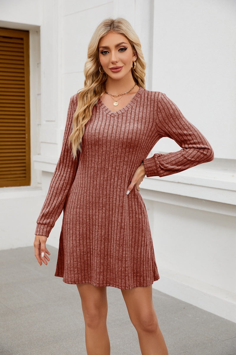 V-neck Pocket Sunken Stripe Brushed Long Sleeve Leisure Dress