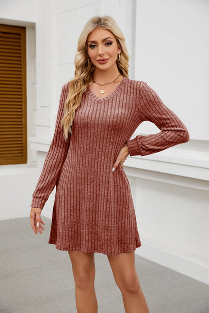 V-neck Pocket Sunken Stripe Brushed Long Sleeve Leisure Dress