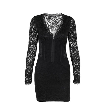 Elegant Sexy Long Sleeve Narrow Lace Mini Dress Women