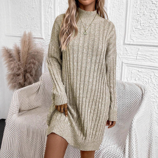 Turtleneck Long Sleeve Loose Knitted Dress Hip Bag