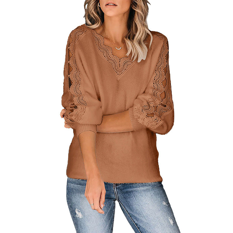 Autumn And Winter New Style Solid Color Lace V-leader Hollow Sexy Knit Top Women