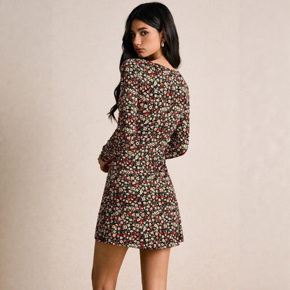 Slim Fit Fashion Floral V-neck Long-sleeve Dress
