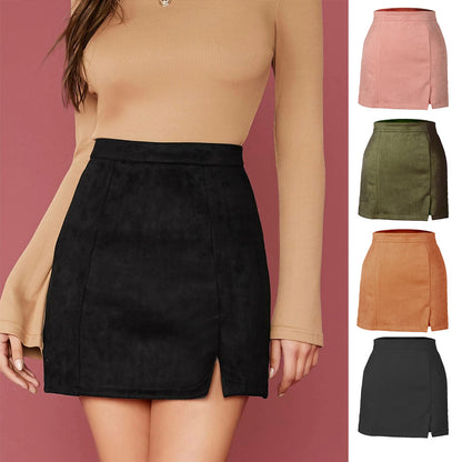 Autumn And Winter Suede A- Line Korean Style High Waist Fashion Sexy Skirt