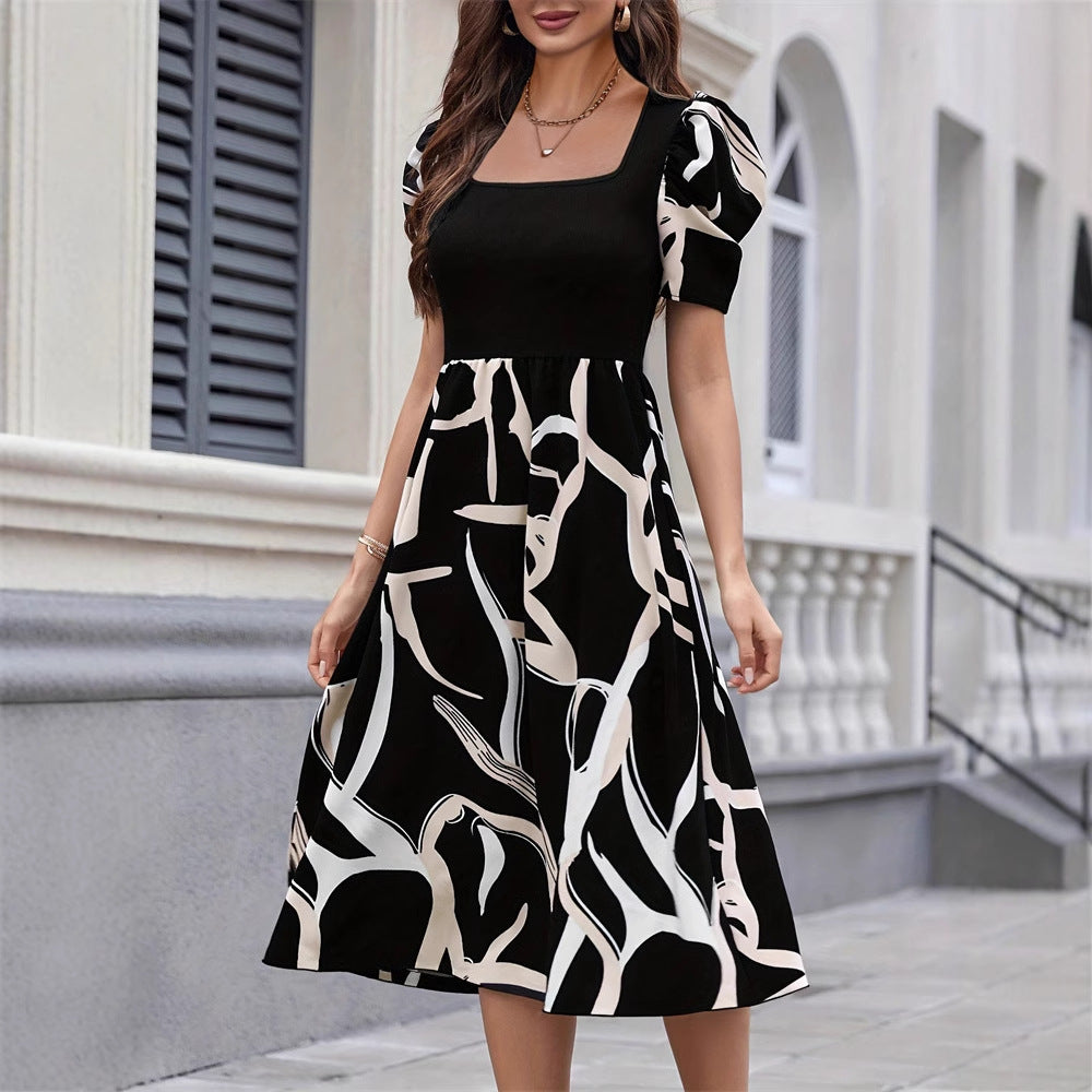 Commuting Knit Printed Stretch Square Neck Slim Short Sleeve Puff Sleeve Dress