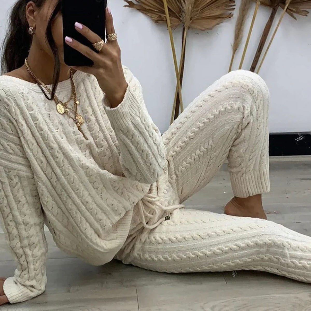 Knitted Hooded Suits Women's Waist Long Sleeve Trousers