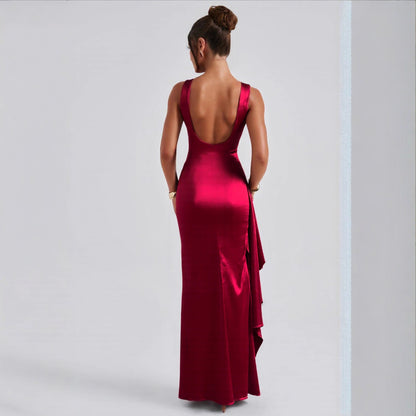 Women's Solid Color Backless Round Neck Sleeveless High Slit Dress