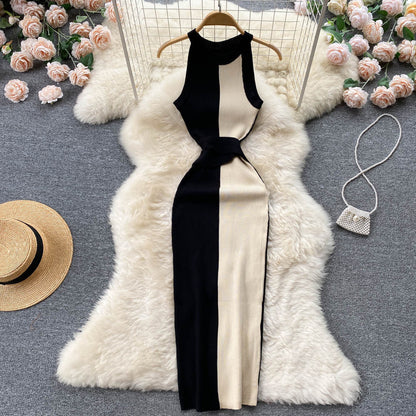Slim Fit Slimming Long Round Neck Sleeveless Dress Color Matching Skinny Sheath Knitted Dress