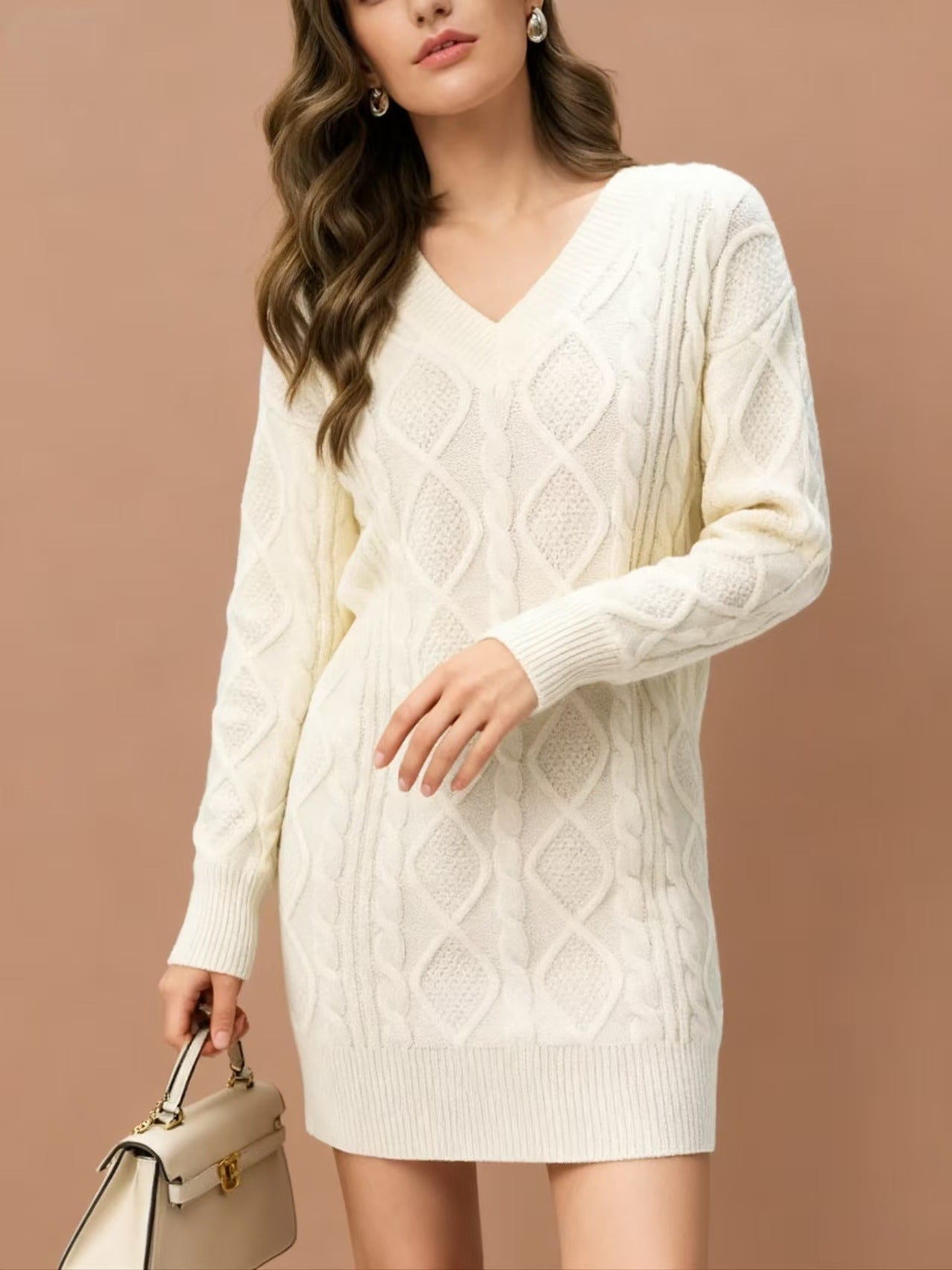 Mid-length Sweater V-neck Knitted Casual Twist Dress