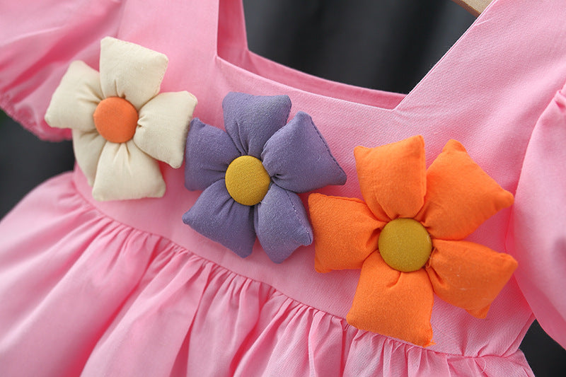 Girl's Square Collar Puff Sleeve Princess Dress