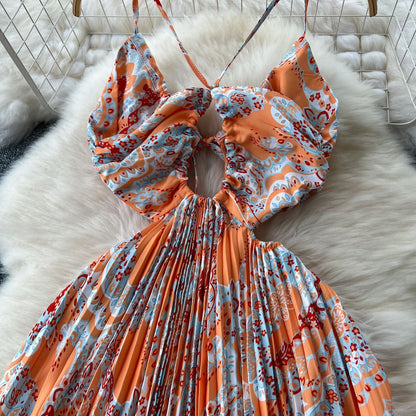 Women's Hollow-out Halter Sling High Waist Slimming Printed Pleated Dress