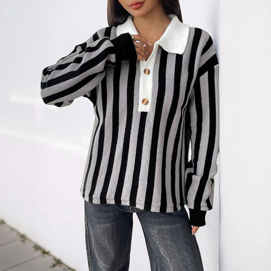 Autumn And Winter Unisex Style Vertical Stripes Lapel Knitted Pullover Sweater Women