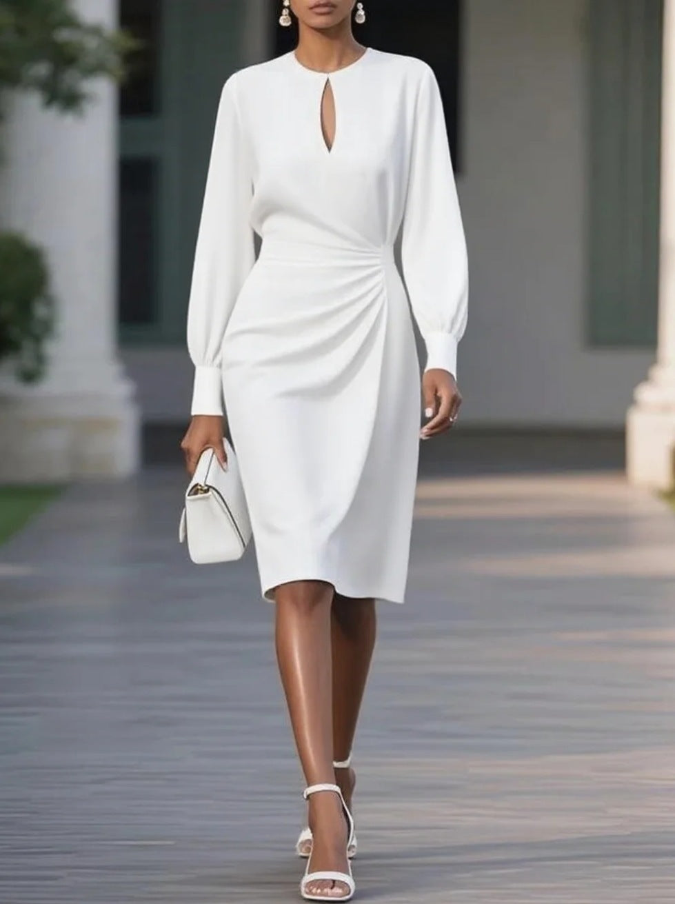 Temperament Pure Color Pleated Waist Tight Round Neck Hollow Dress