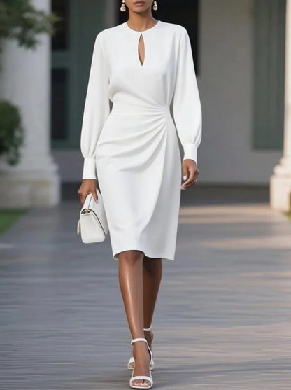 Temperament Pure Color Pleated Waist Tight Round Neck Hollow Dress