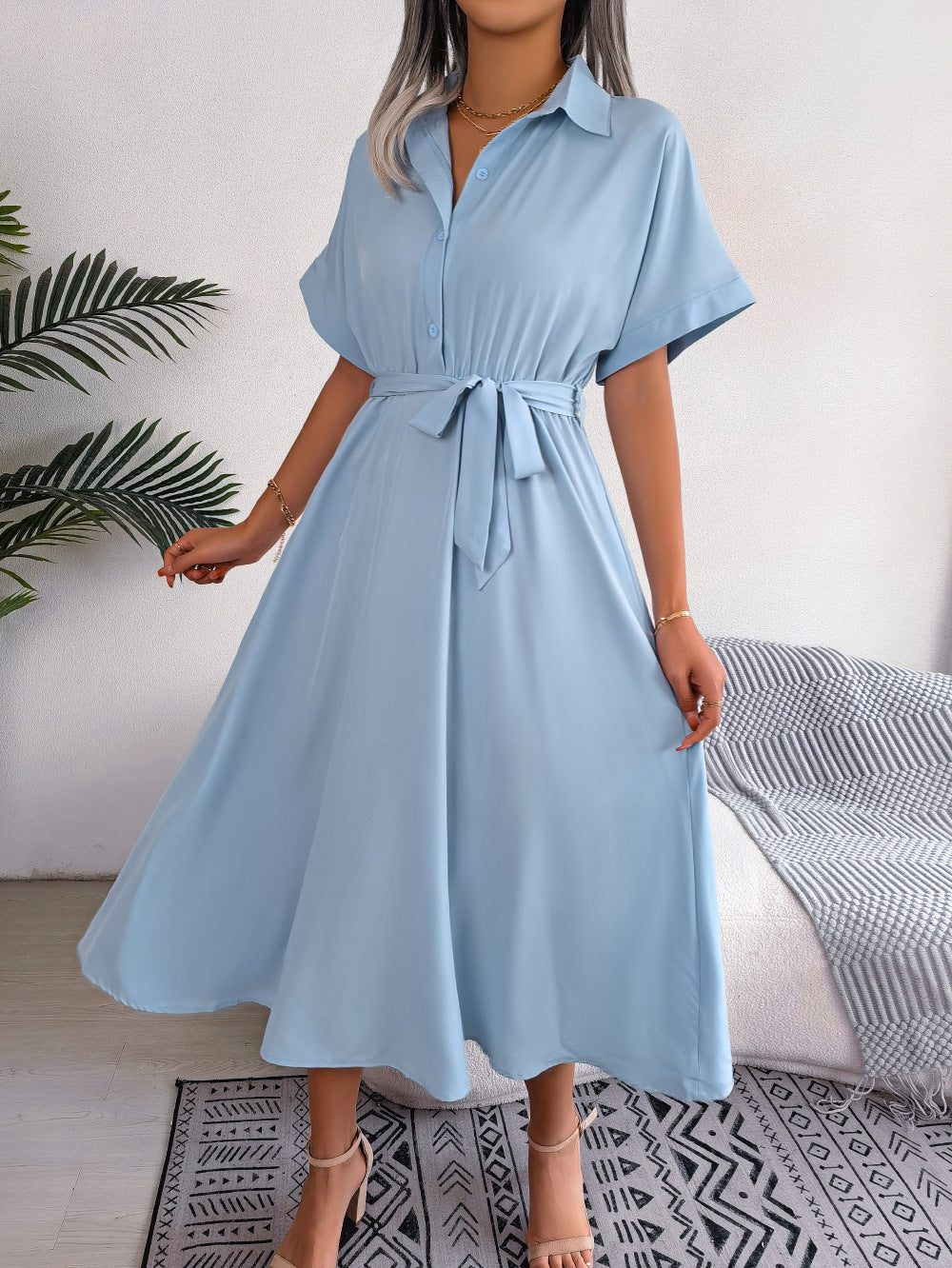 Ins Style European And American Leisure Loose Pure Color Tied Shirtdress